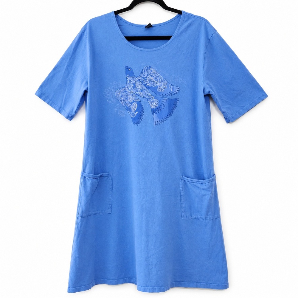 Sabaku Artwear Dress Womens L/XL Blue Midi Floral Bird Cotton Pockets Casual USA